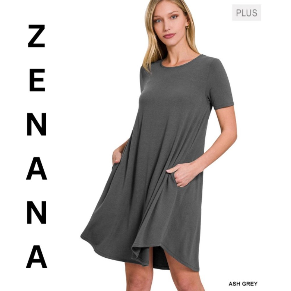 Zenana Plus Short Sleeve Round Hem Pocket Dress